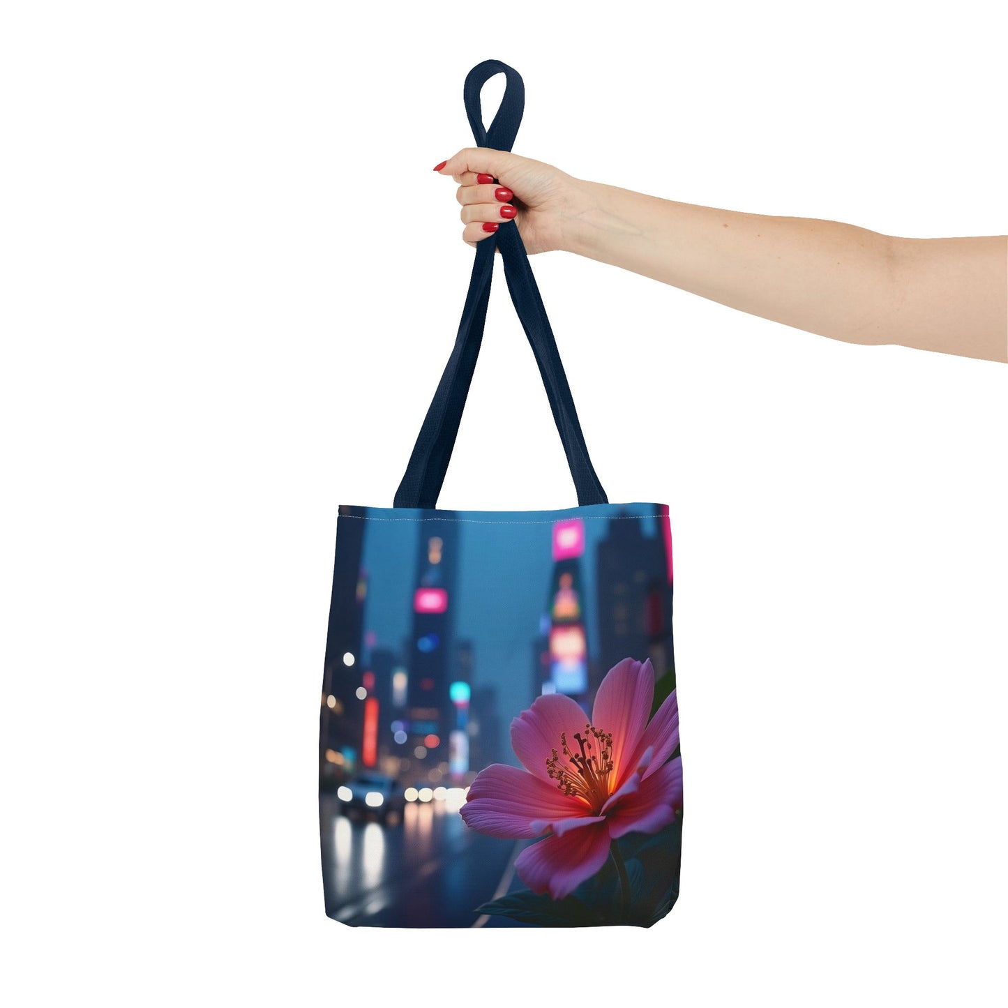 AI-Generated Flower in Neon Cityscape Tote Bag