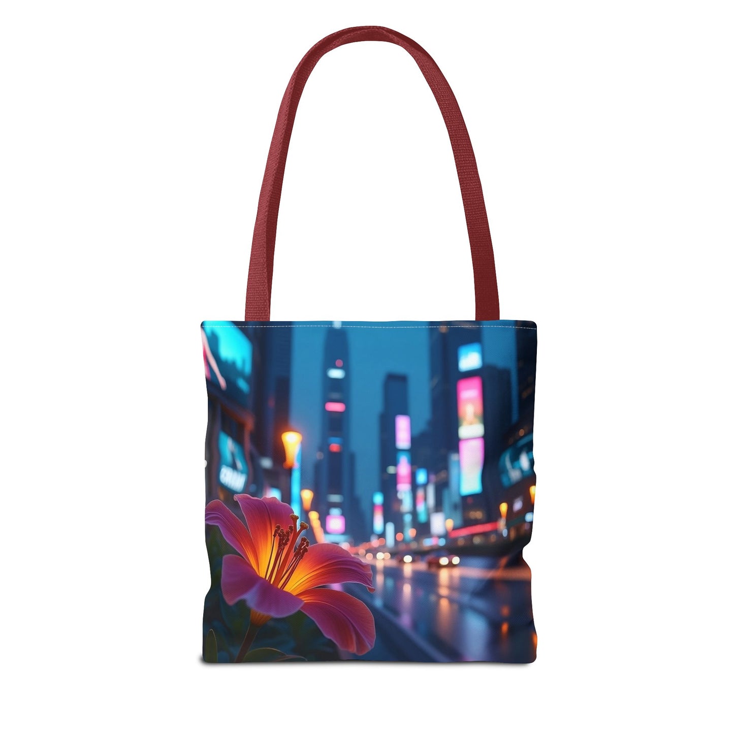 AI-Generated Flower in Neon Cityscape Tote Bag