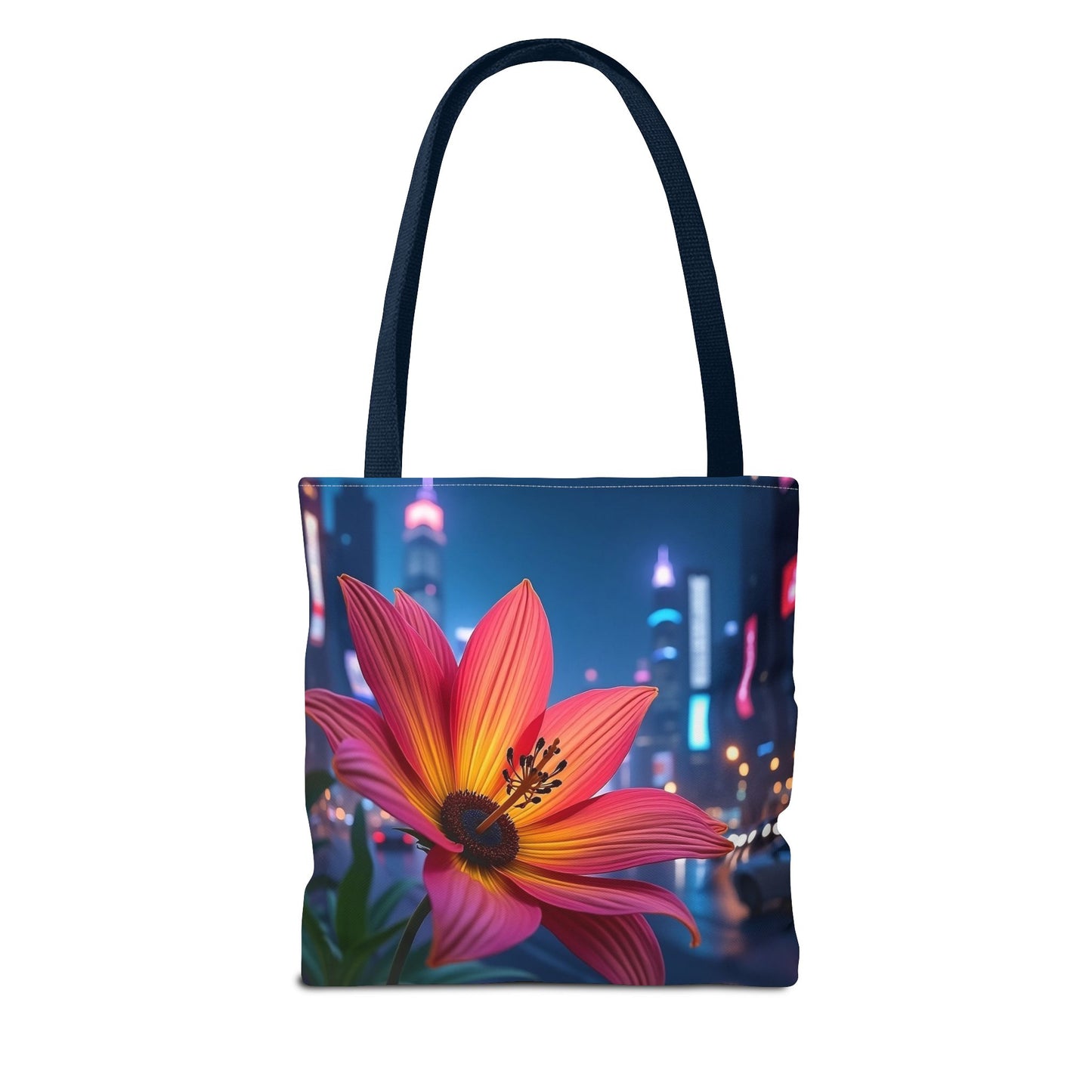 AI-Generated Flower in Neon Cityscape Tote Bag
