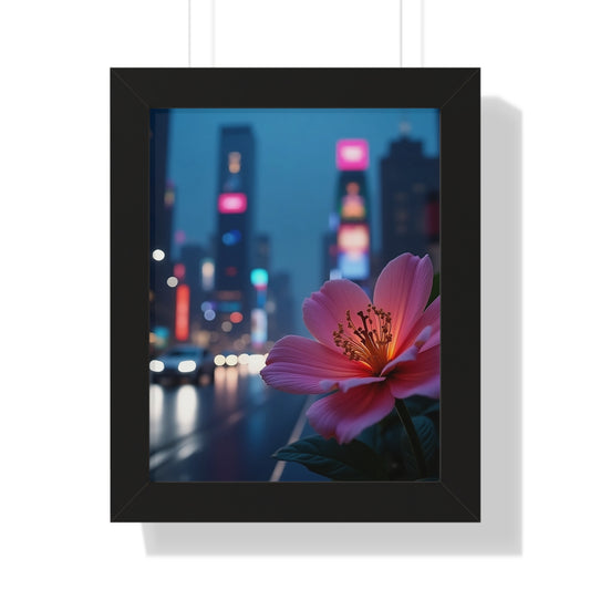 Framed Poster - AI-Generated Vivid Flower and Neon Cityscape Design