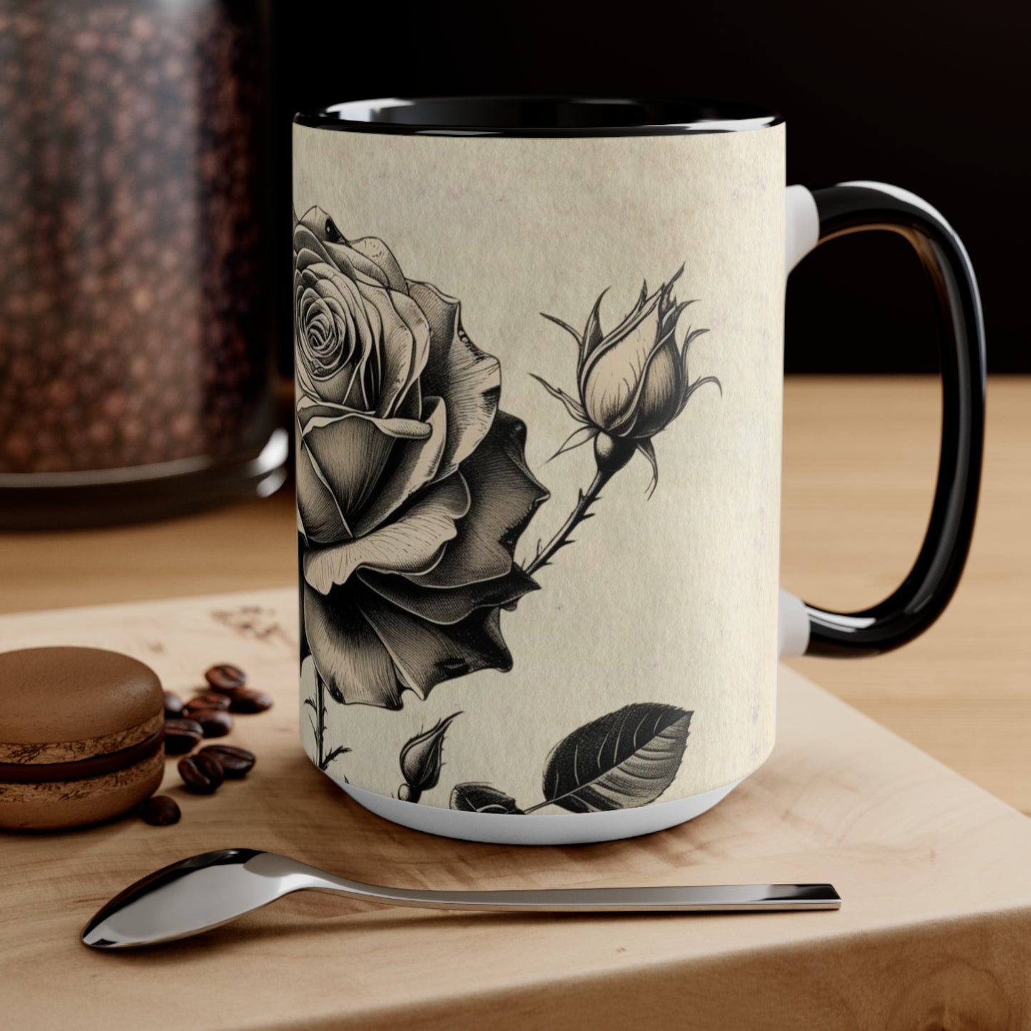 Vintage black and grey rose Accent Mugs
