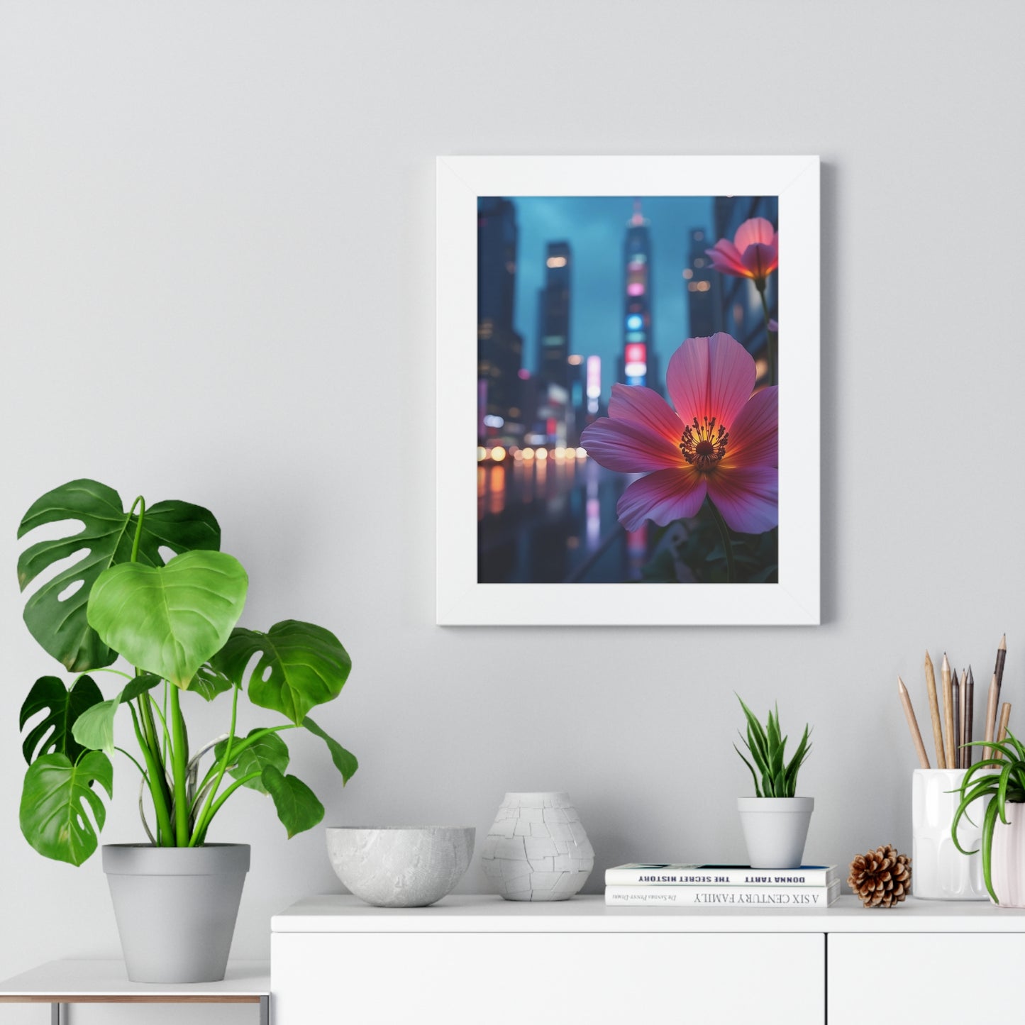 Framed Poster - AI-Generated Vivid Flower and Neon Cityscape Design