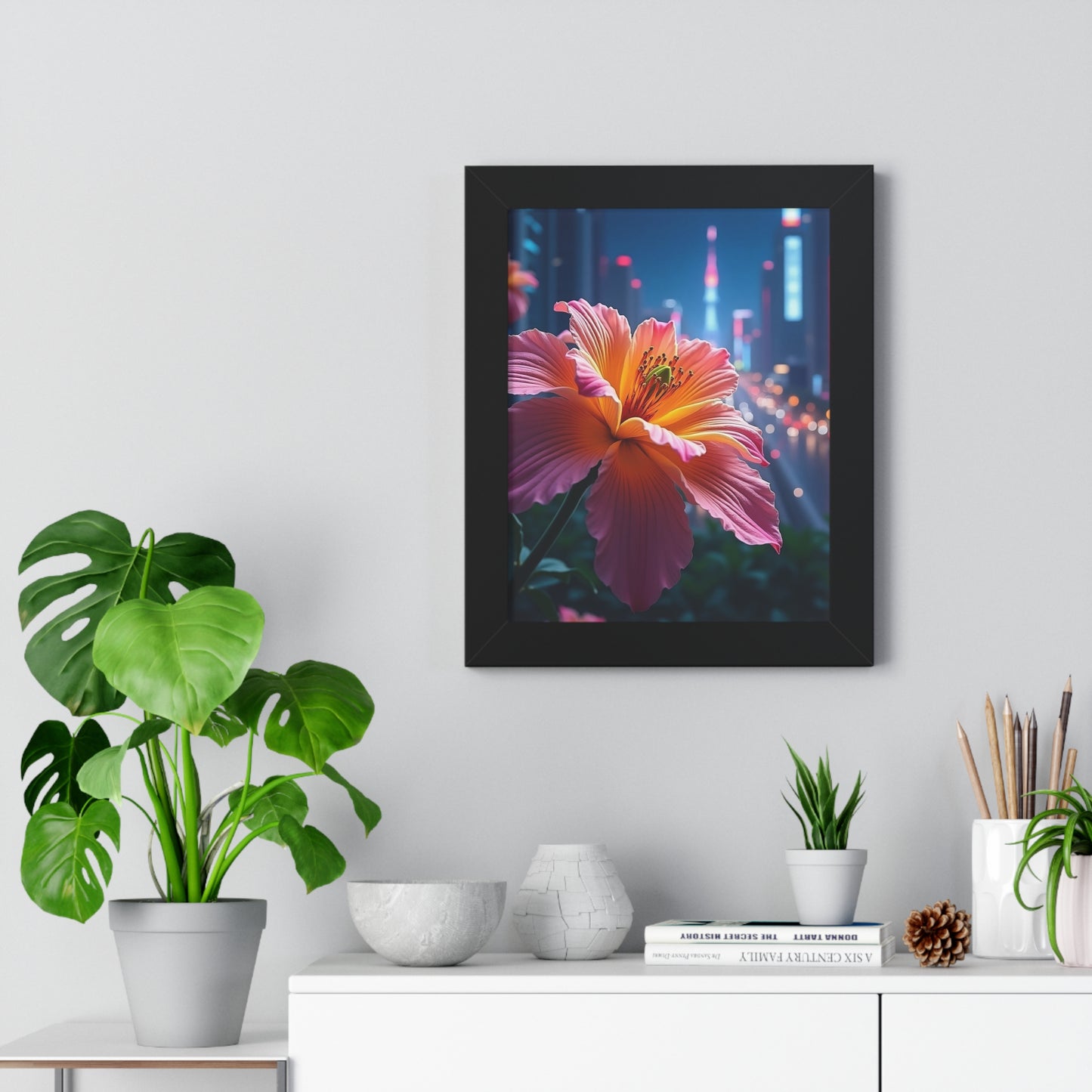 Framed Poster - AI-Generated Vivid Flower and Neon Cityscape Design
