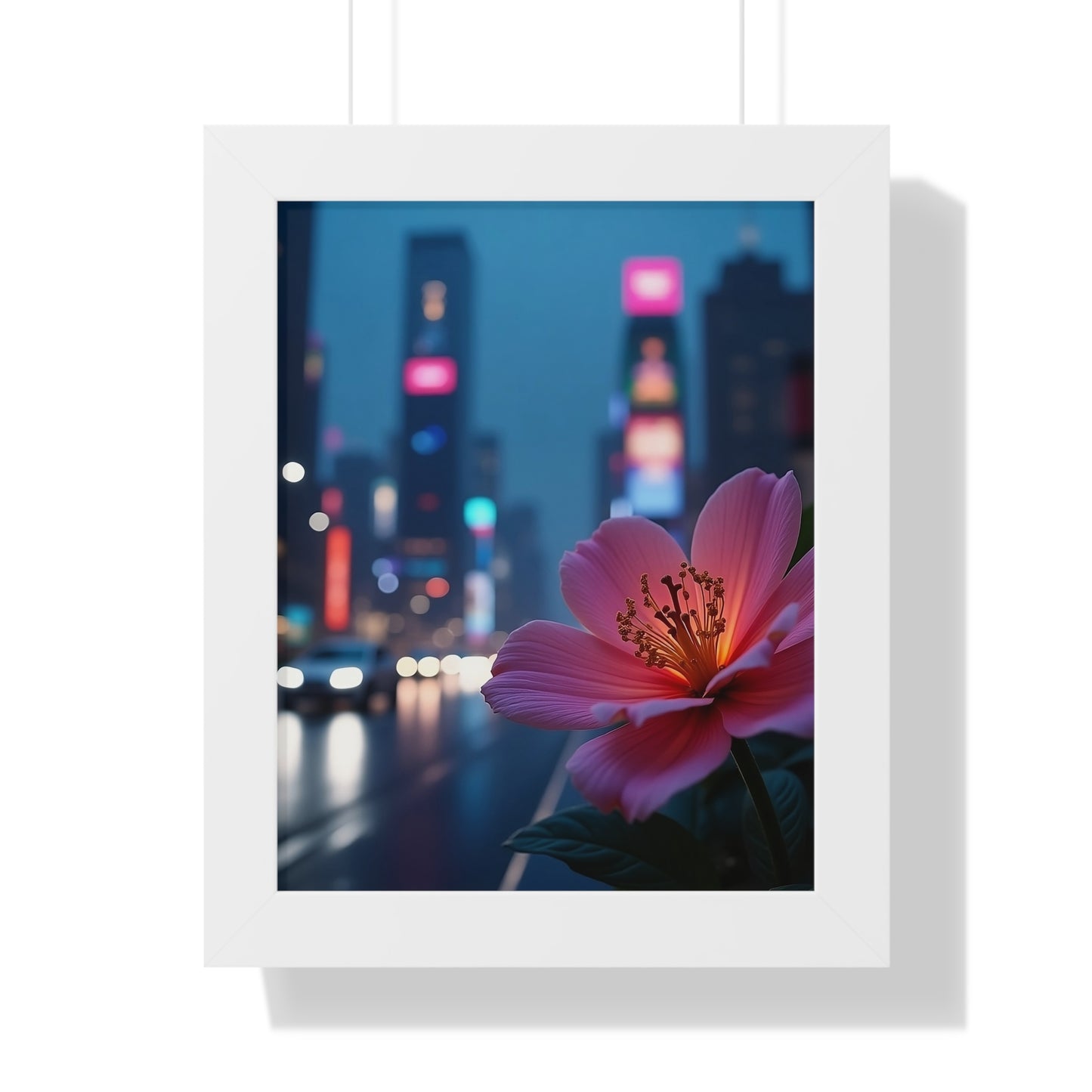 Framed Poster - AI-Generated Vivid Flower and Neon Cityscape Design