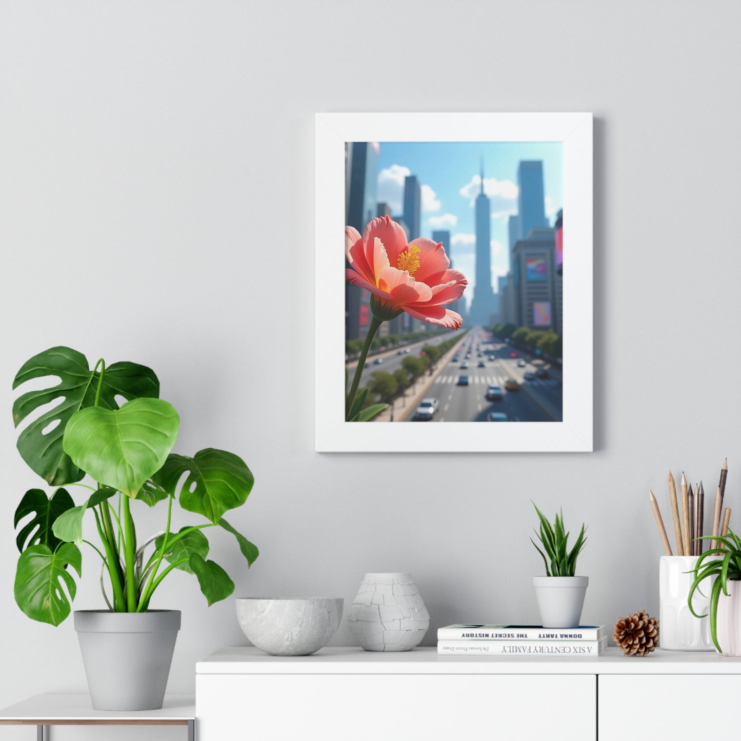 Framed Poster - AI-Generated Vivid Flower and Cityscape Design