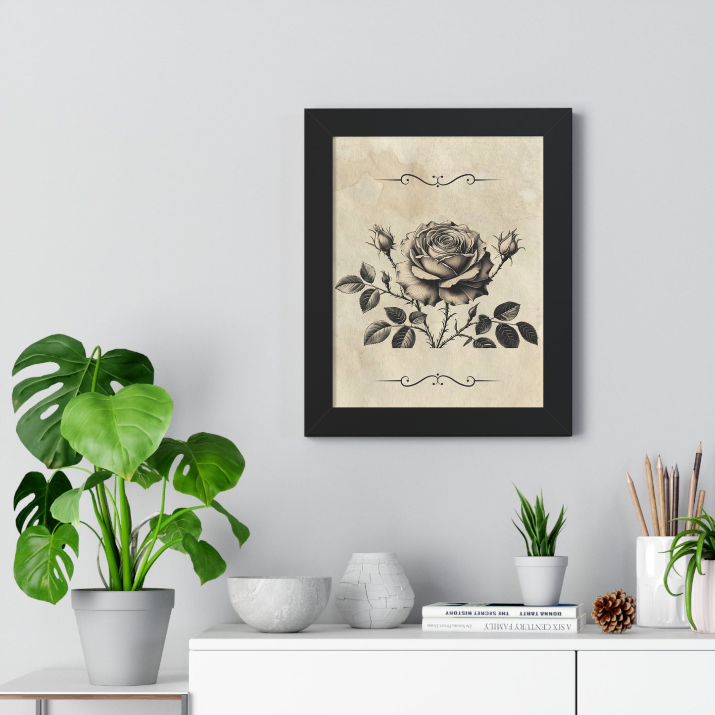 Vintage Black and grey Rose framed Vertical Poster