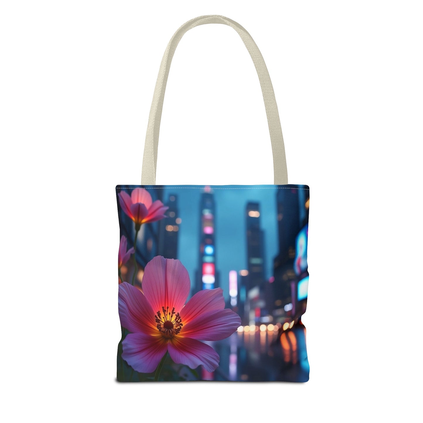 AI-Generated Flower in Neon Cityscape Tote Bag
