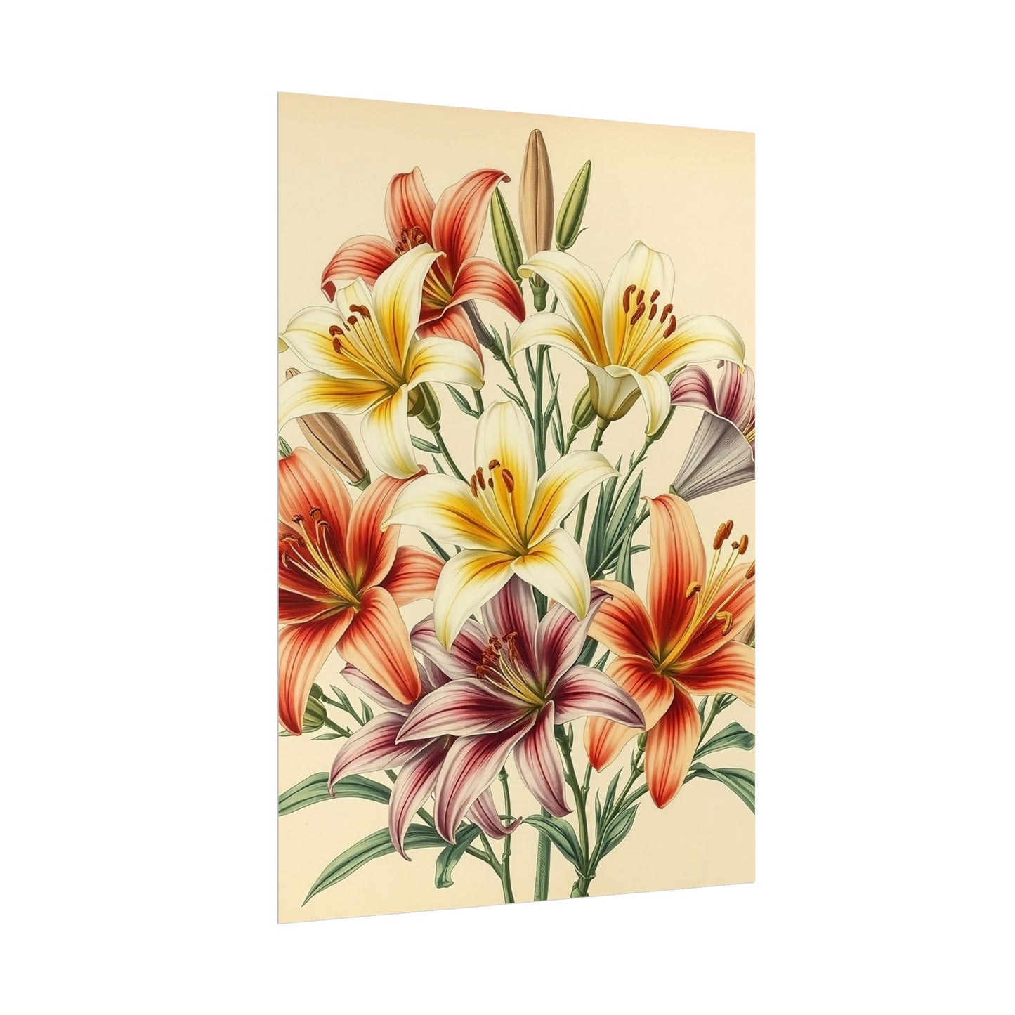 Poster Print - Vintage Red Yellow Orange Lilies