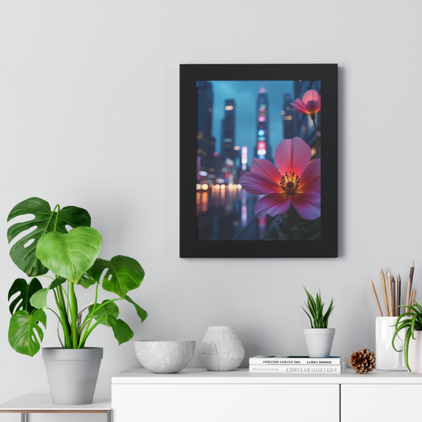 Framed Poster - AI-Generated Vivid Flower and Neon Cityscape Design