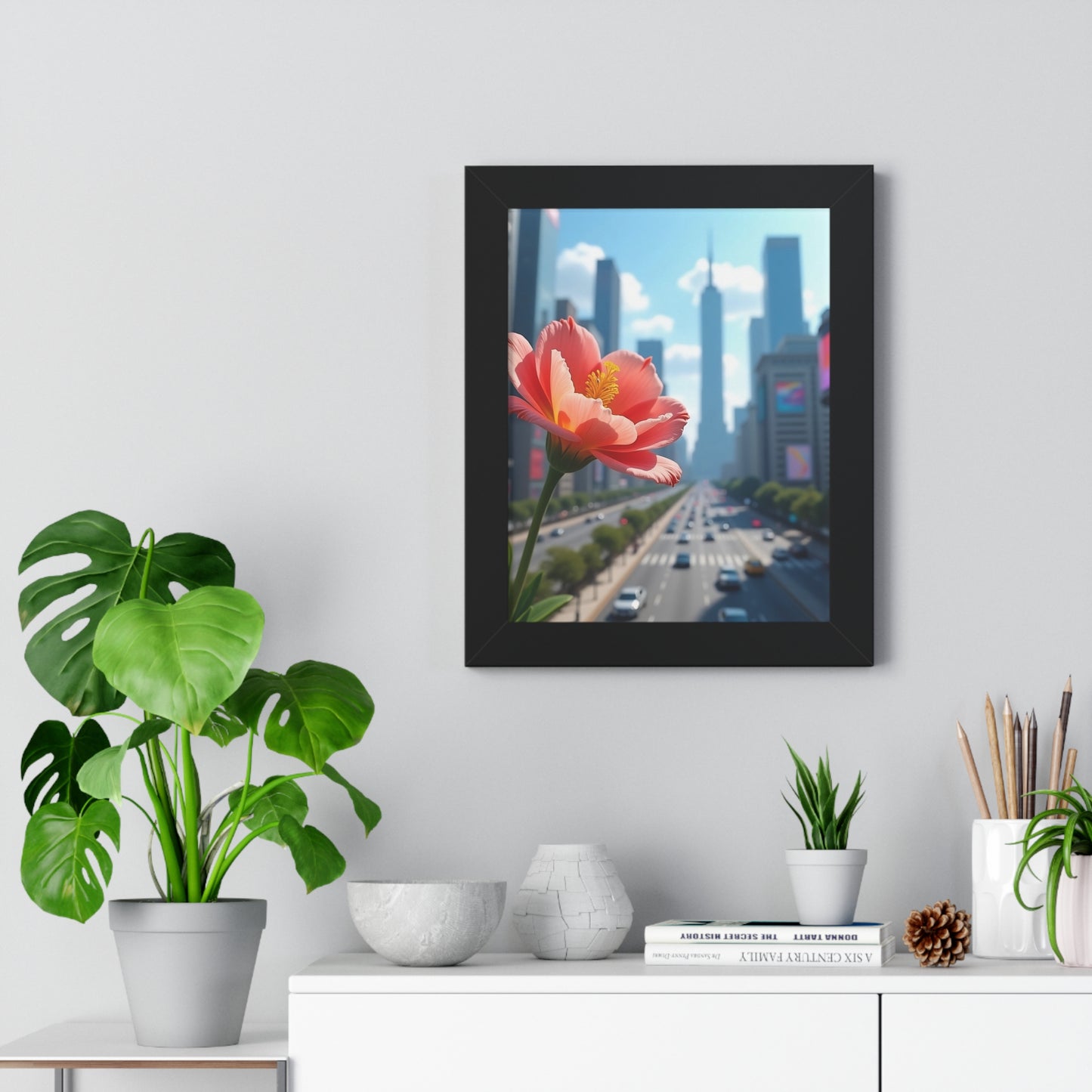 Framed Poster - AI-Generated Vivid Flower and Cityscape Design