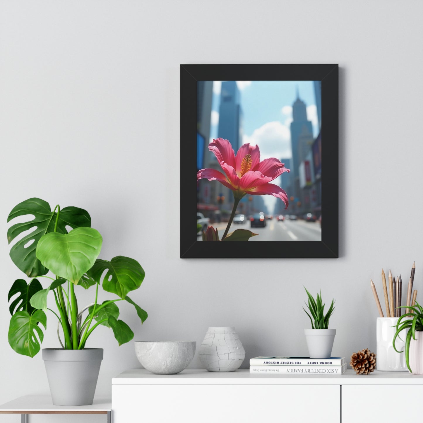 Framed Poster - AI-Generated Vivid Flower and Cityscape Design