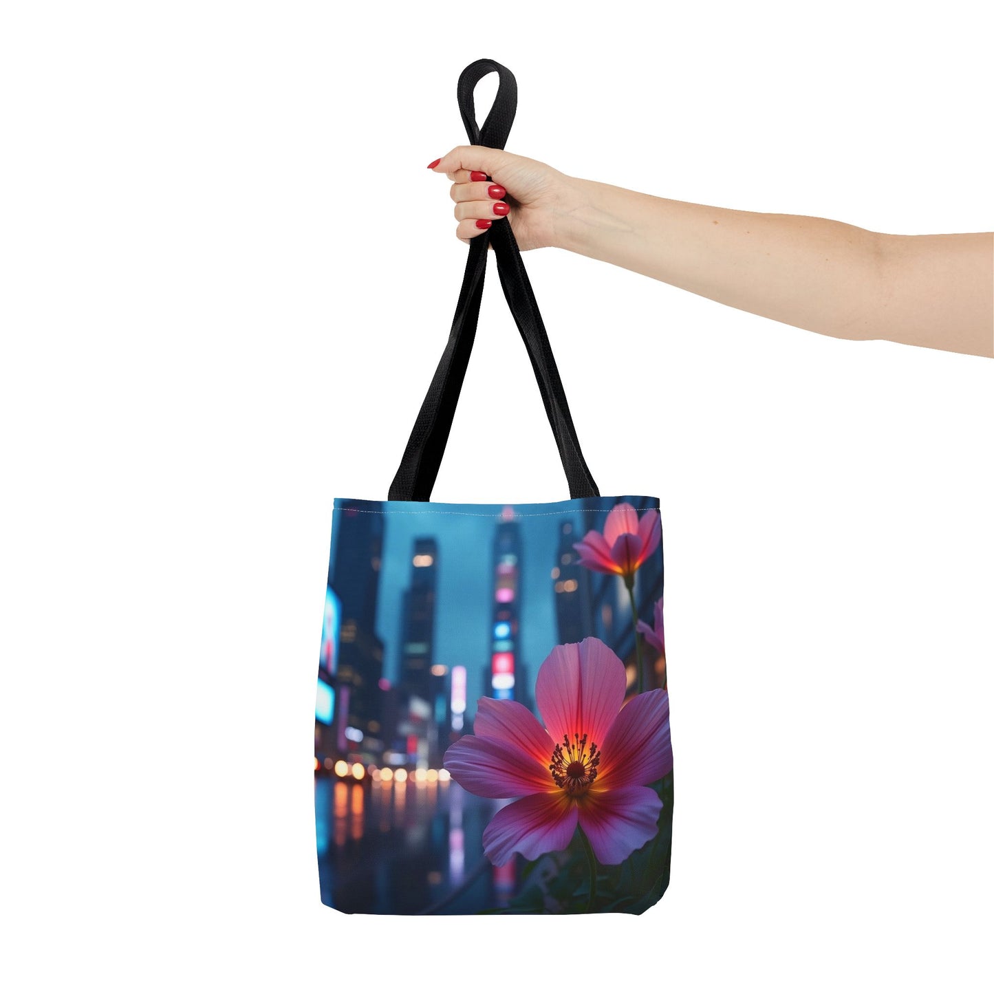 AI-Generated Flower in Neon Cityscape Tote Bag