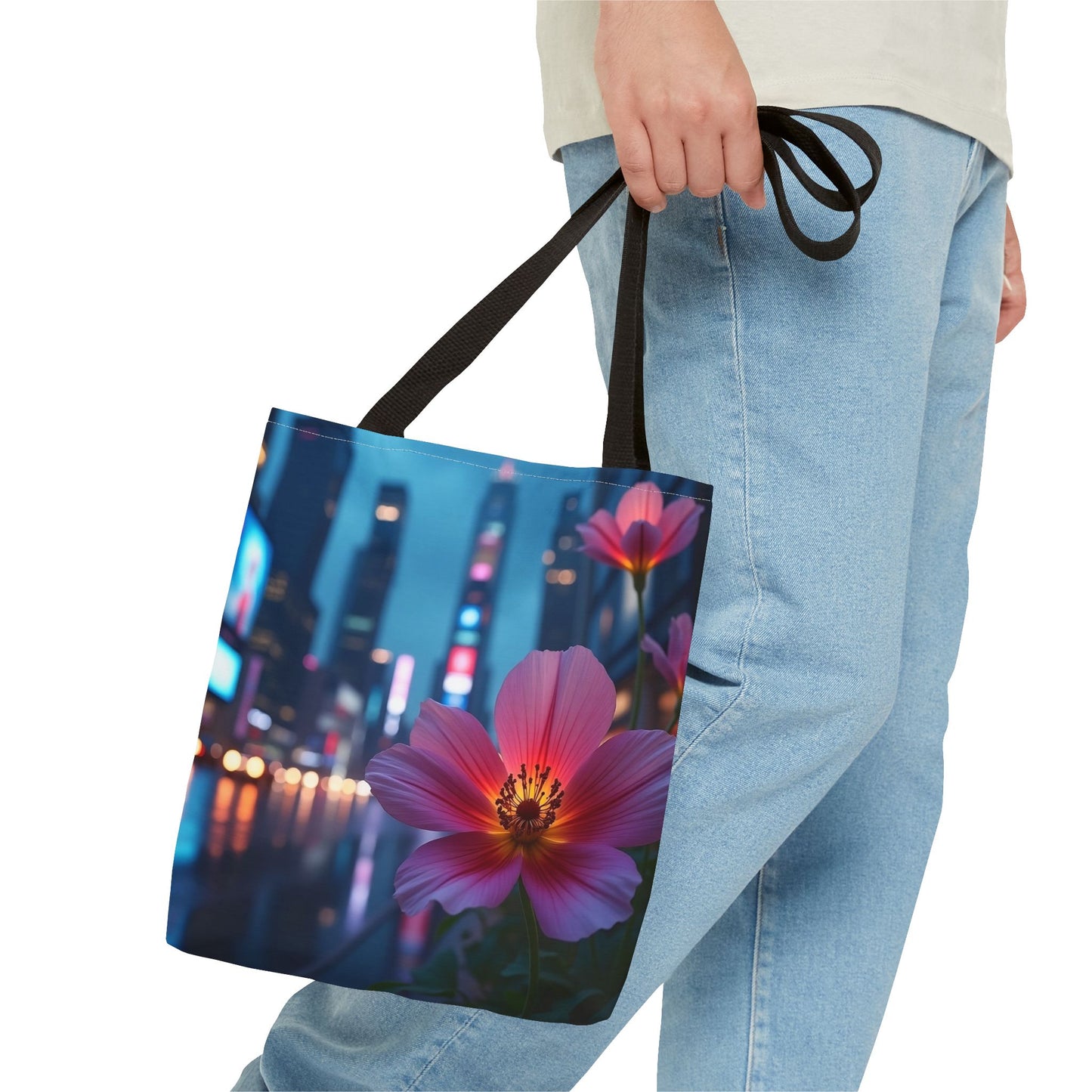 AI-Generated Flower in Neon Cityscape Tote Bag