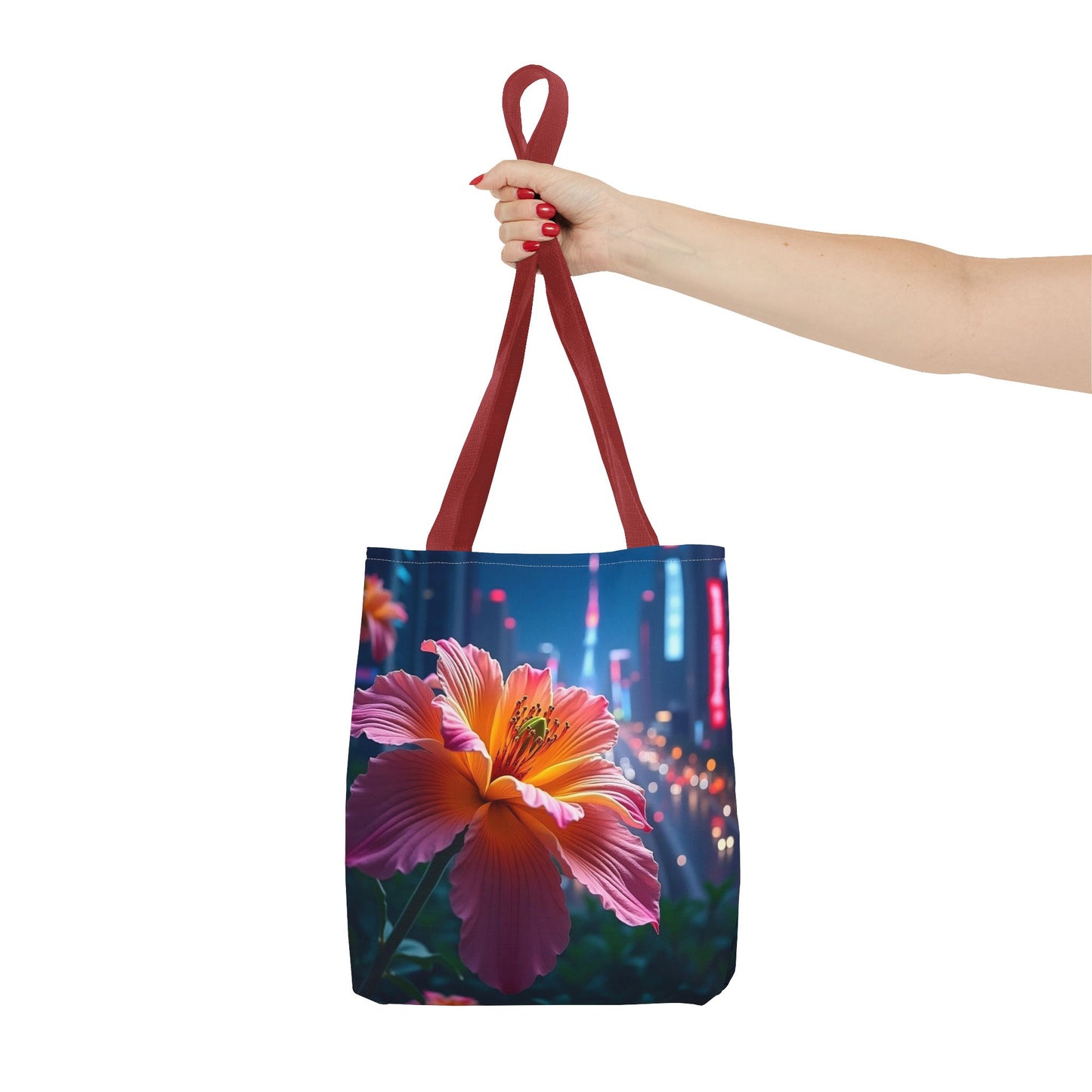 AI-Generated Flower in Neon Cityscape Tote Bag