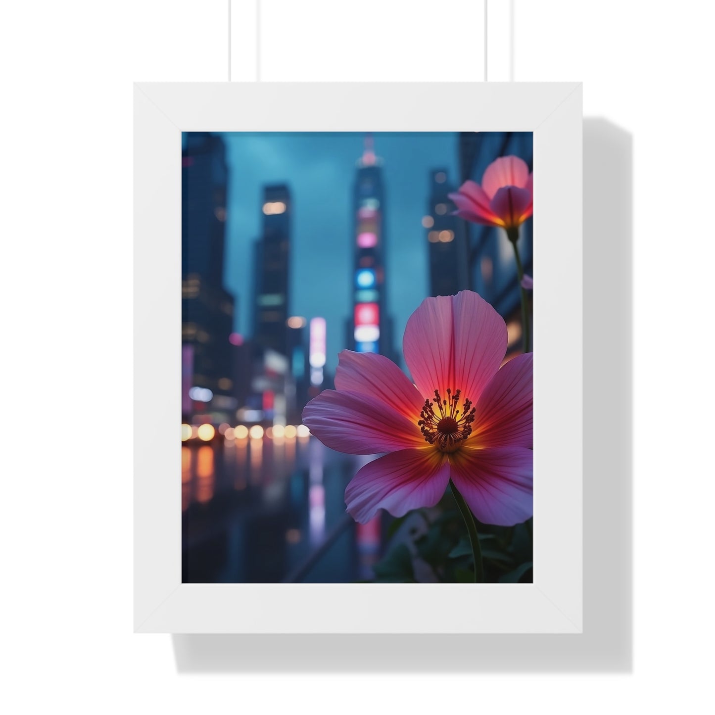 Framed Poster - AI-Generated Vivid Flower and Neon Cityscape Design