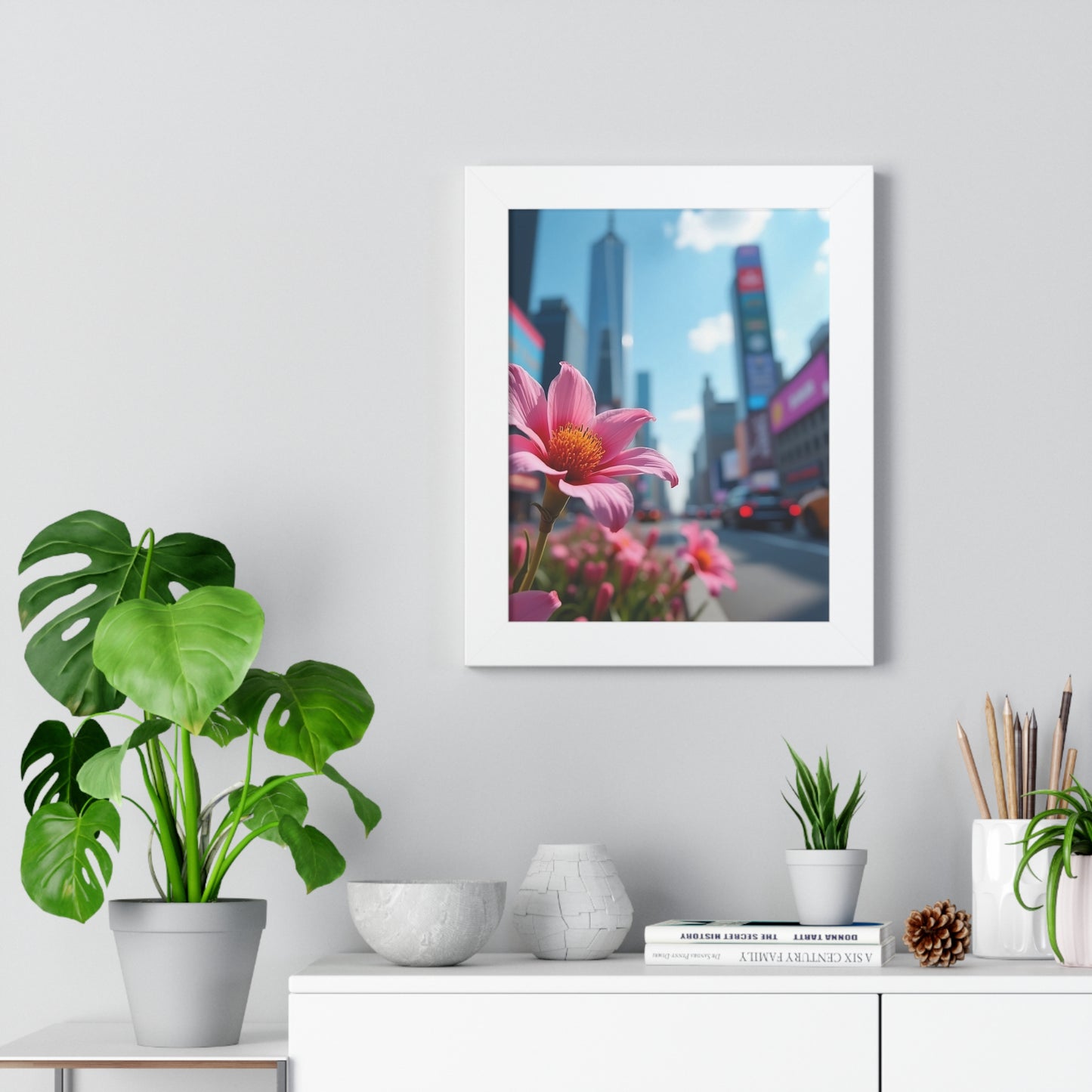 Framed Poster - AI-Generated Vivid Flower and Cityscape Design