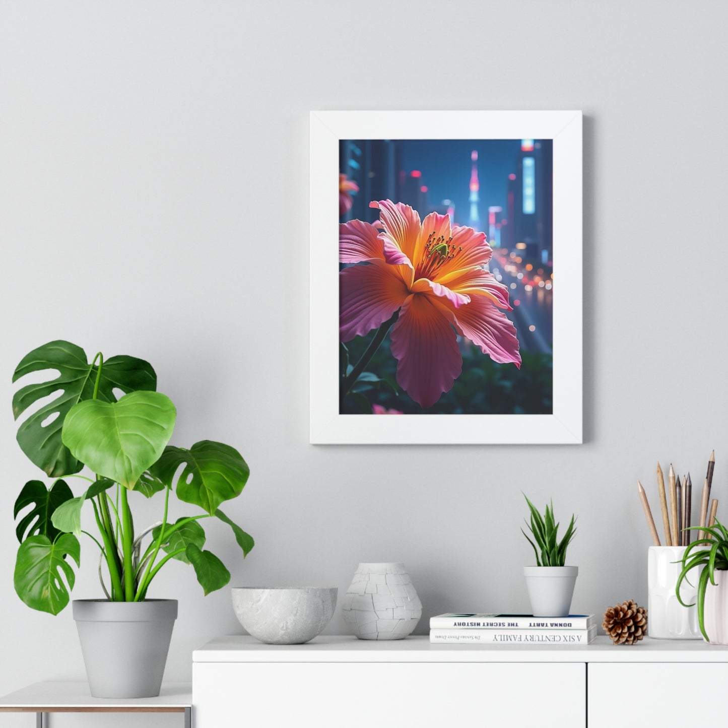 Framed Poster - AI-Generated Vivid Flower and Neon Cityscape Design