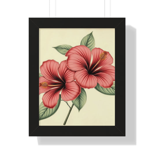 Framed Vertical Poster - Vintage Red Hibiscus Wall Art Decor Print