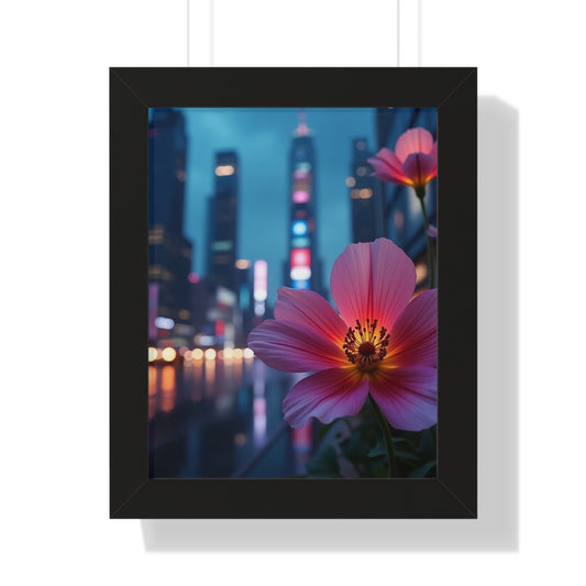 Framed Poster - AI-Generated Vivid Flower and Neon Cityscape Design