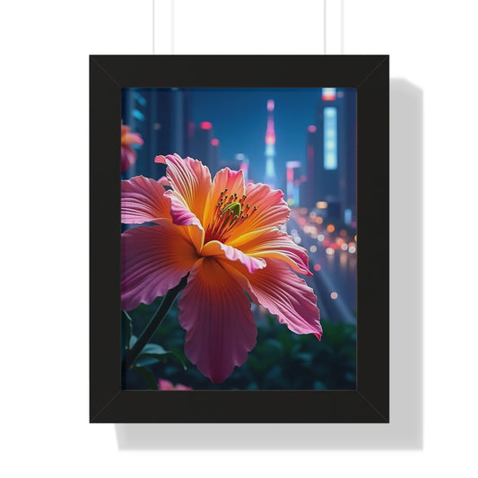 Framed Poster - AI-Generated Vivid Flower and Neon Cityscape Design