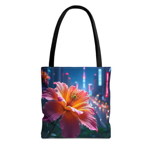 AI-Generated Flower in Neon Cityscape Tote Bag