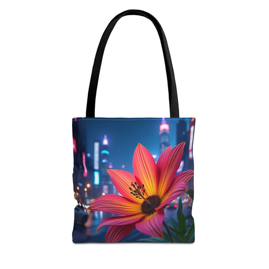 AI-Generated Flower in Neon Cityscape Tote Bag