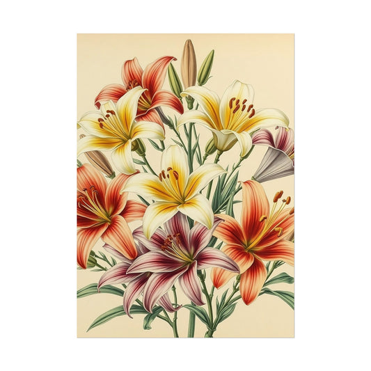 Poster Print - Vintage Red Yellow Orange Lilies