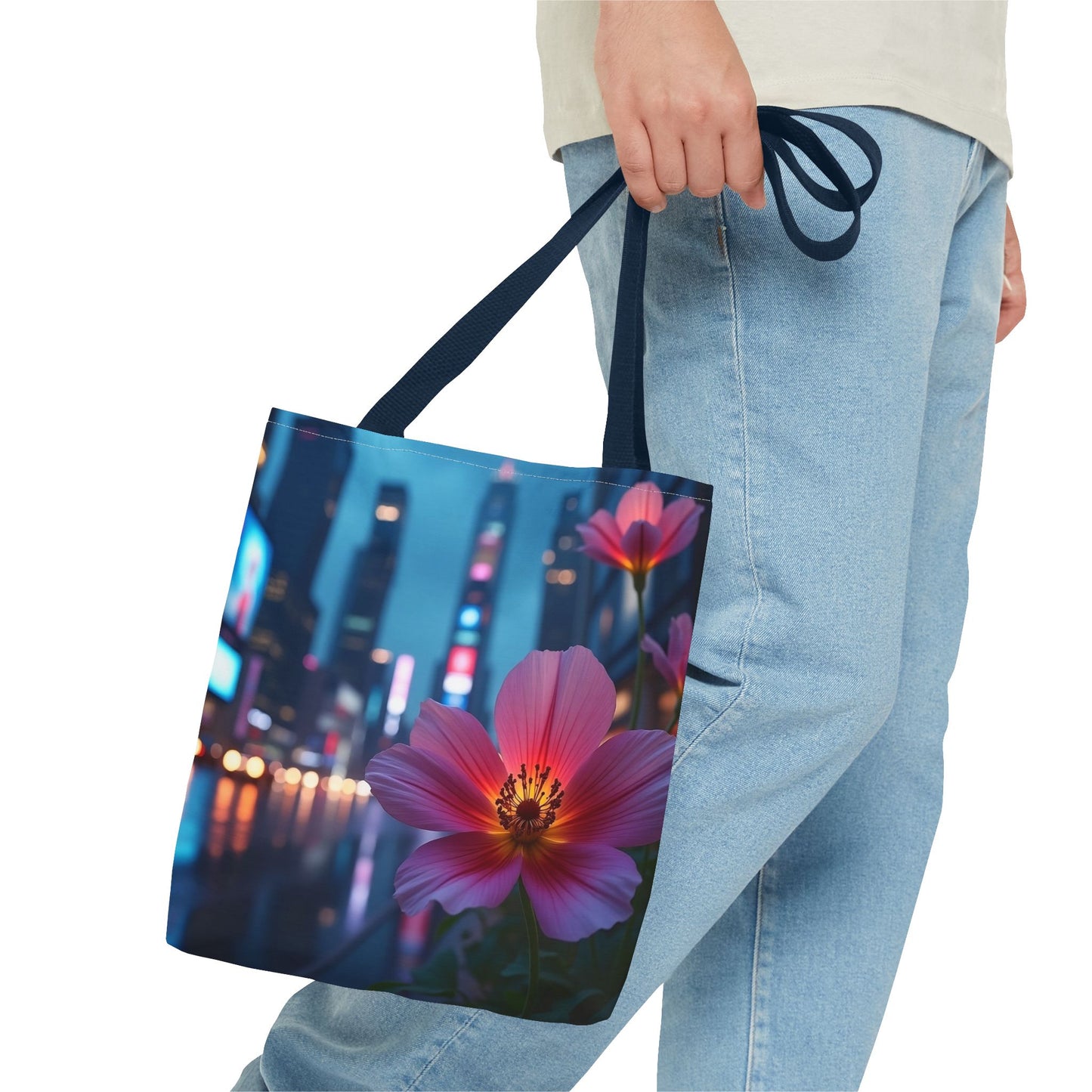 AI-Generated Flower in Neon Cityscape Tote Bag