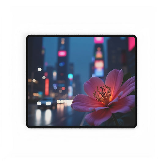 Desk Mat - AI-Generated Vivid Flower with Neon Cityscape Background