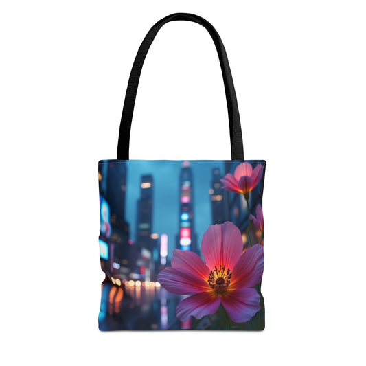AI-Generated Flower in Neon Cityscape Tote Bag