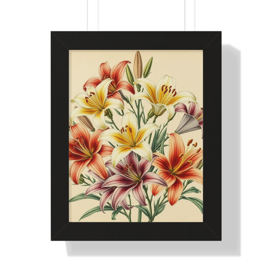 Framed Vertical Poster - Vintage Yellow Red Orange Lilies Wall Art Decor
