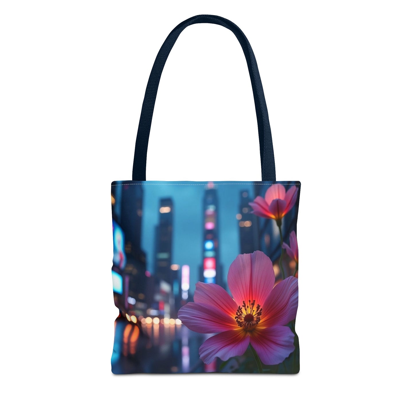 AI-Generated Flower in Neon Cityscape Tote Bag