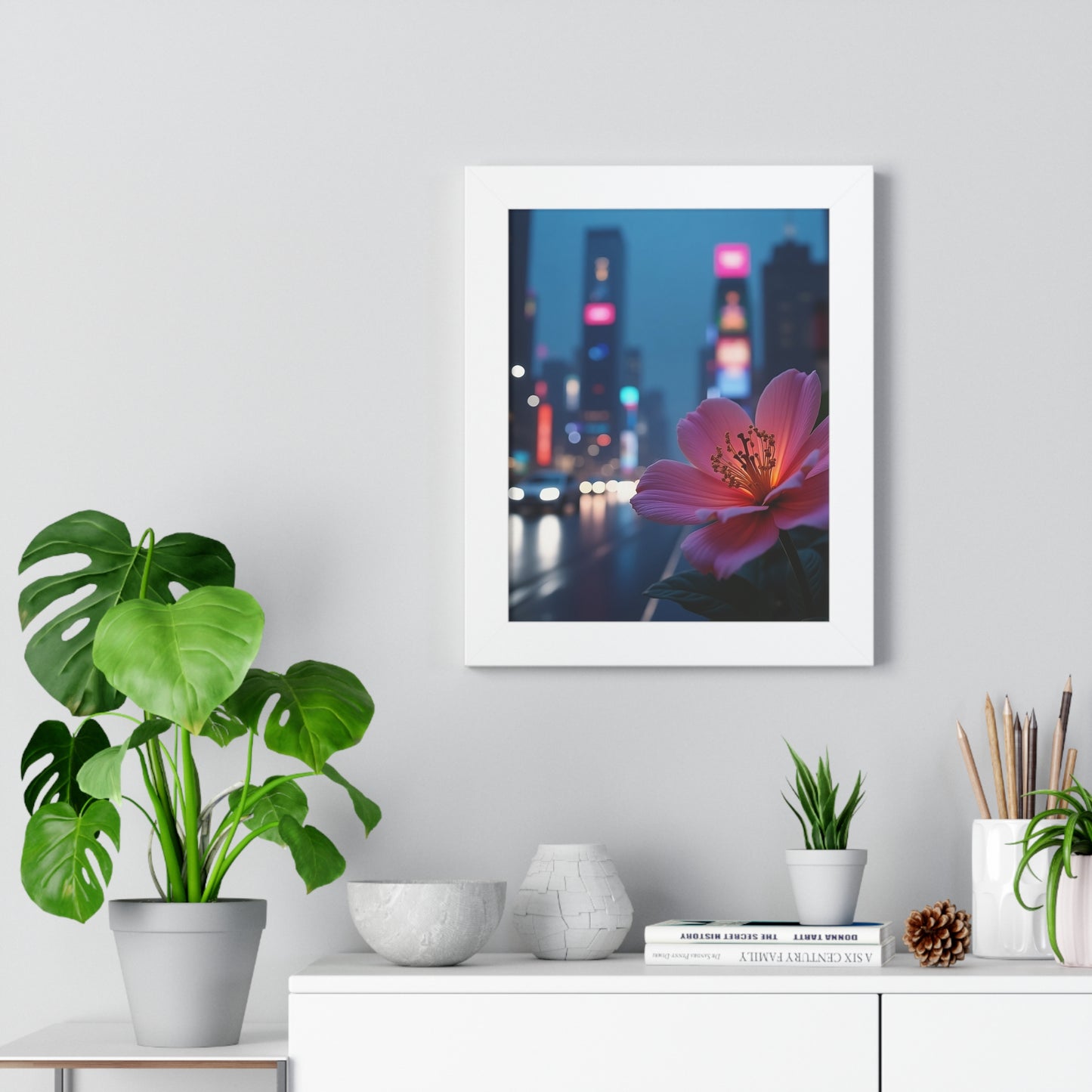 Framed Poster - AI-Generated Vivid Flower and Neon Cityscape Design