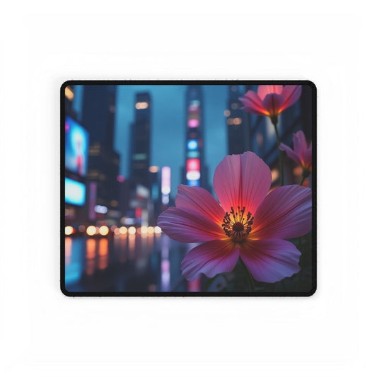 Desk Mat - AI-Generated Vivid Flower in Neon Cityscape