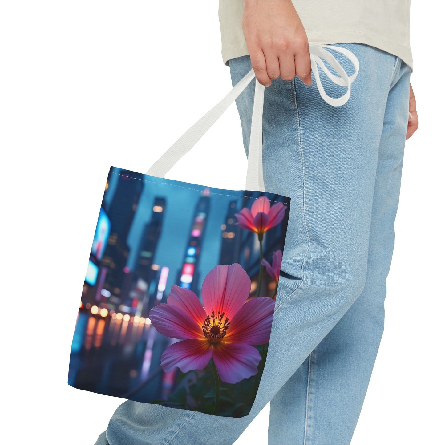 AI-Generated Flower in Neon Cityscape Tote Bag