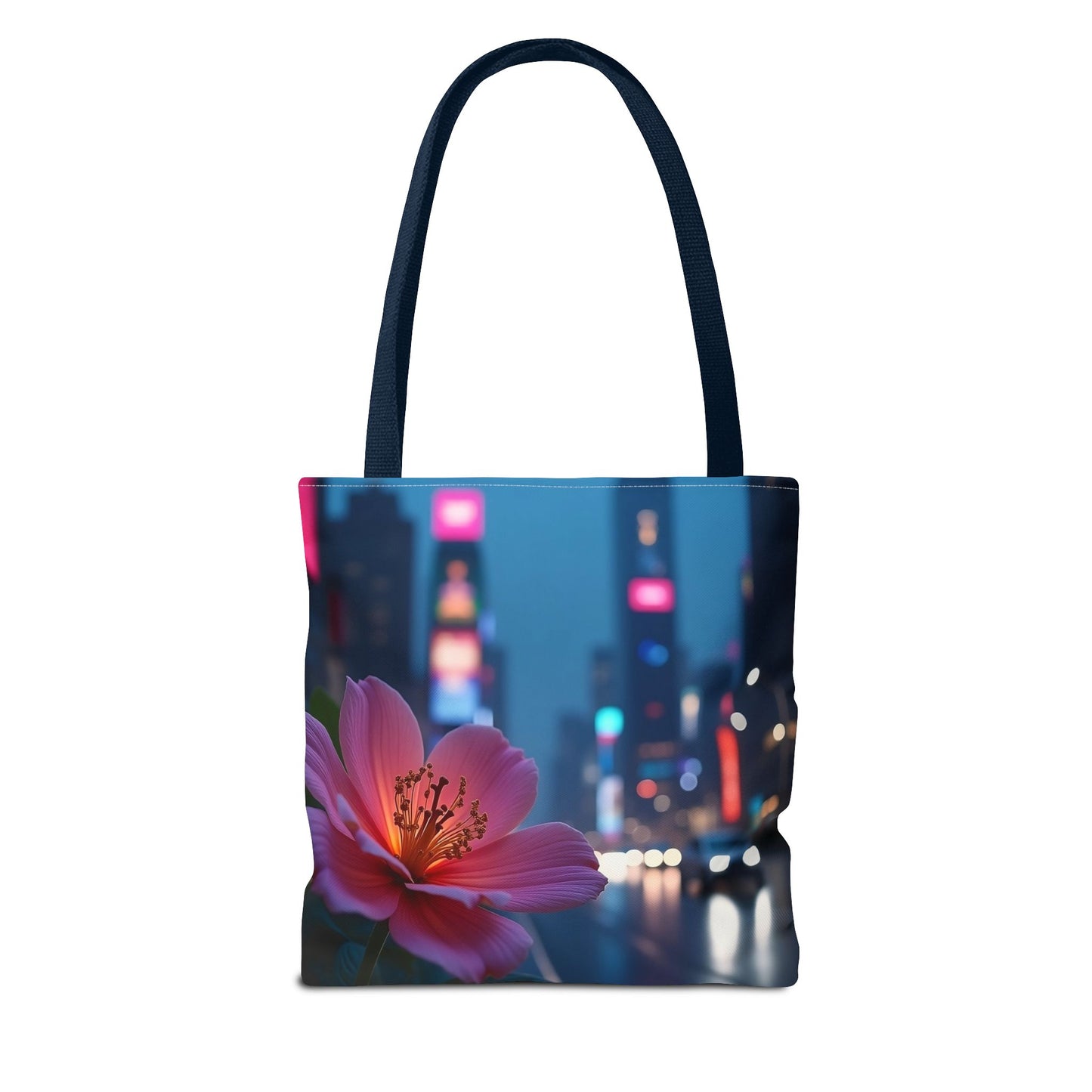 AI-Generated Flower in Neon Cityscape Tote Bag