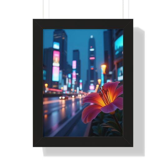 Framed Poster - AI-Generated Vivid Flower and Neon Cityscape Design