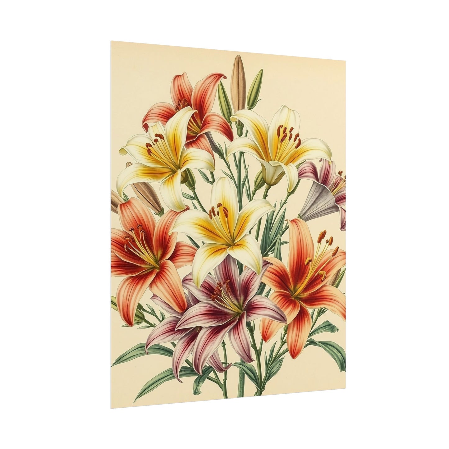 Poster Print - Vintage Red Yellow Orange Lilies