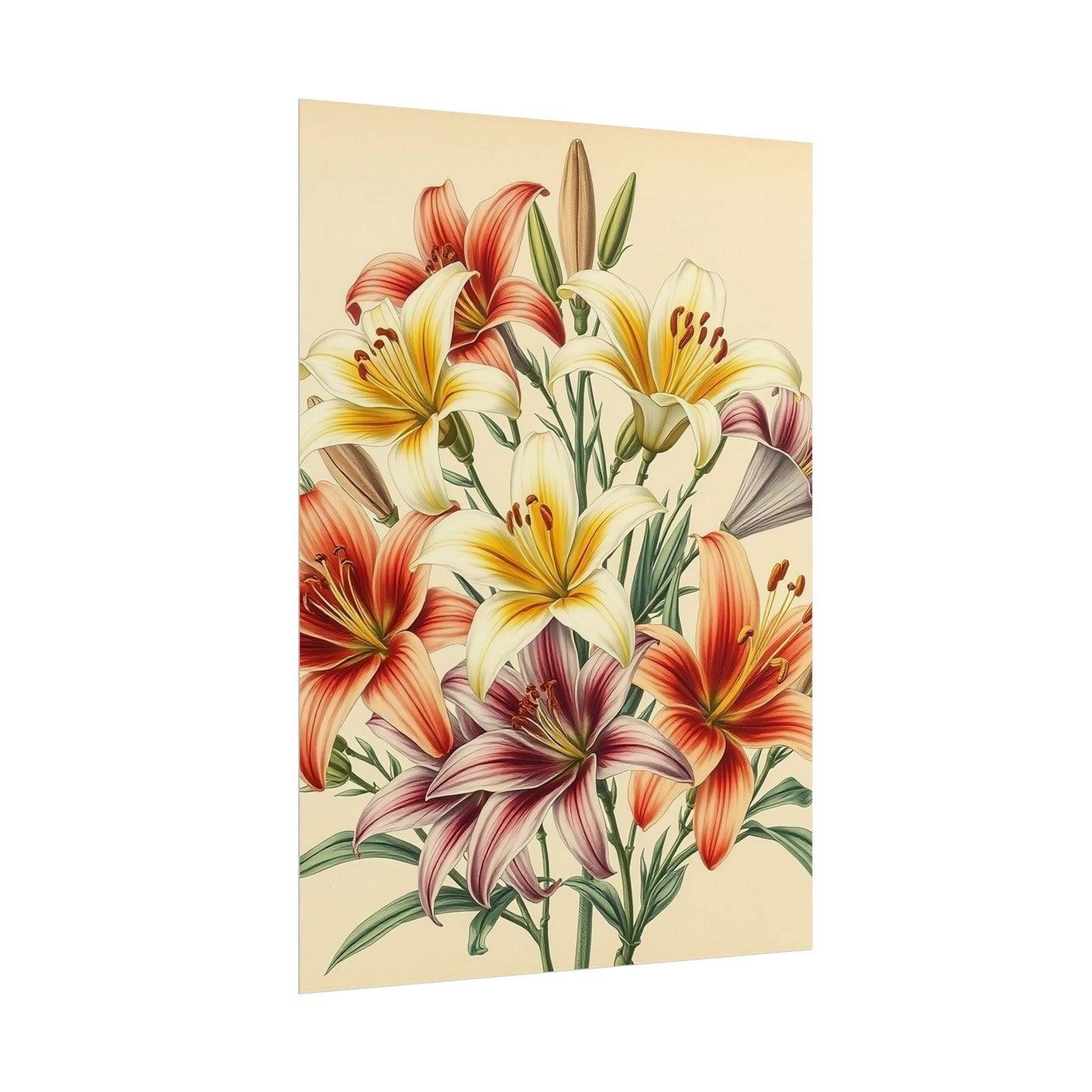 Poster Print - Vintage Red Yellow Orange Lilies