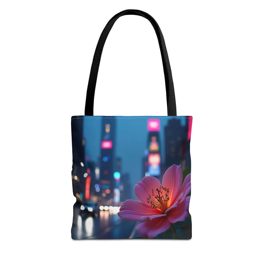 AI-Generated Flower in Neon Cityscape Tote Bag
