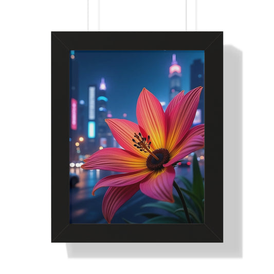 Framed Poster - AI-Generated Vivid Flower and Neon Cityscape Design