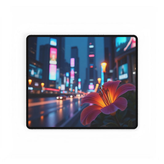 Desk Mat - AI-Generated Vivid Flower with Neon Cityscape Background