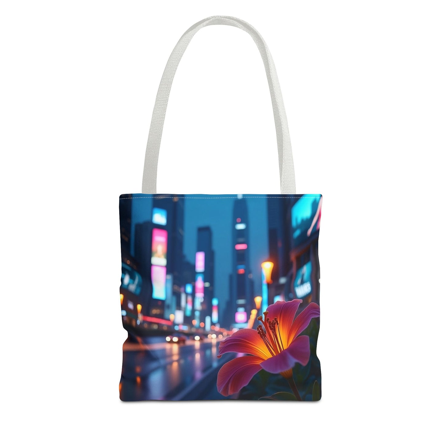 AI-Generated Flower in Neon Cityscape Tote Bag